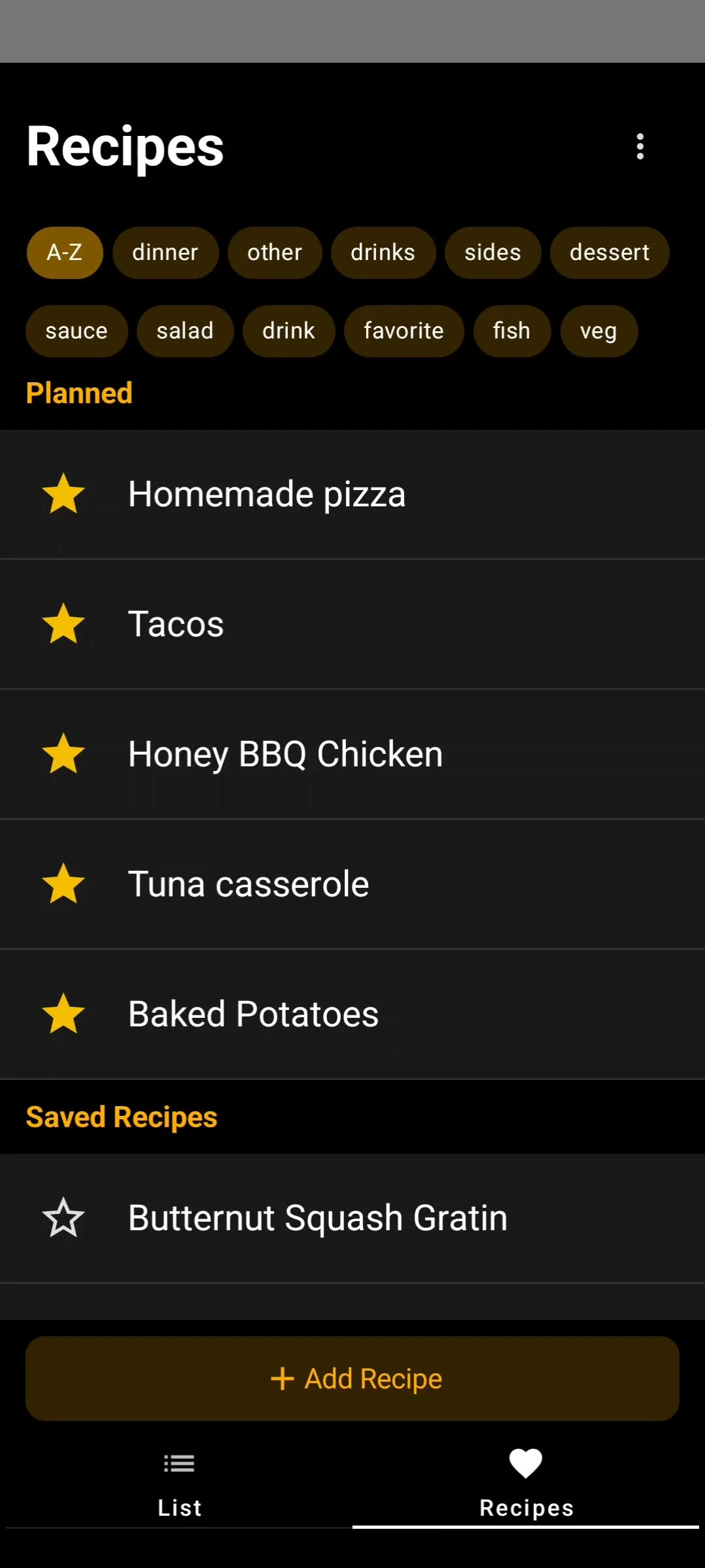Screenshot of Cook More's Recipe screen. Displays a list of recipes sorted from A-Z with options to sort by different categories like dinner, drinks, or vegetarian.
